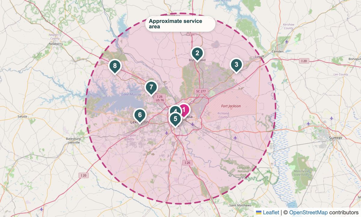 Static Greater Columbia road map with a shaded approximate service area and numbered pins matching the town list